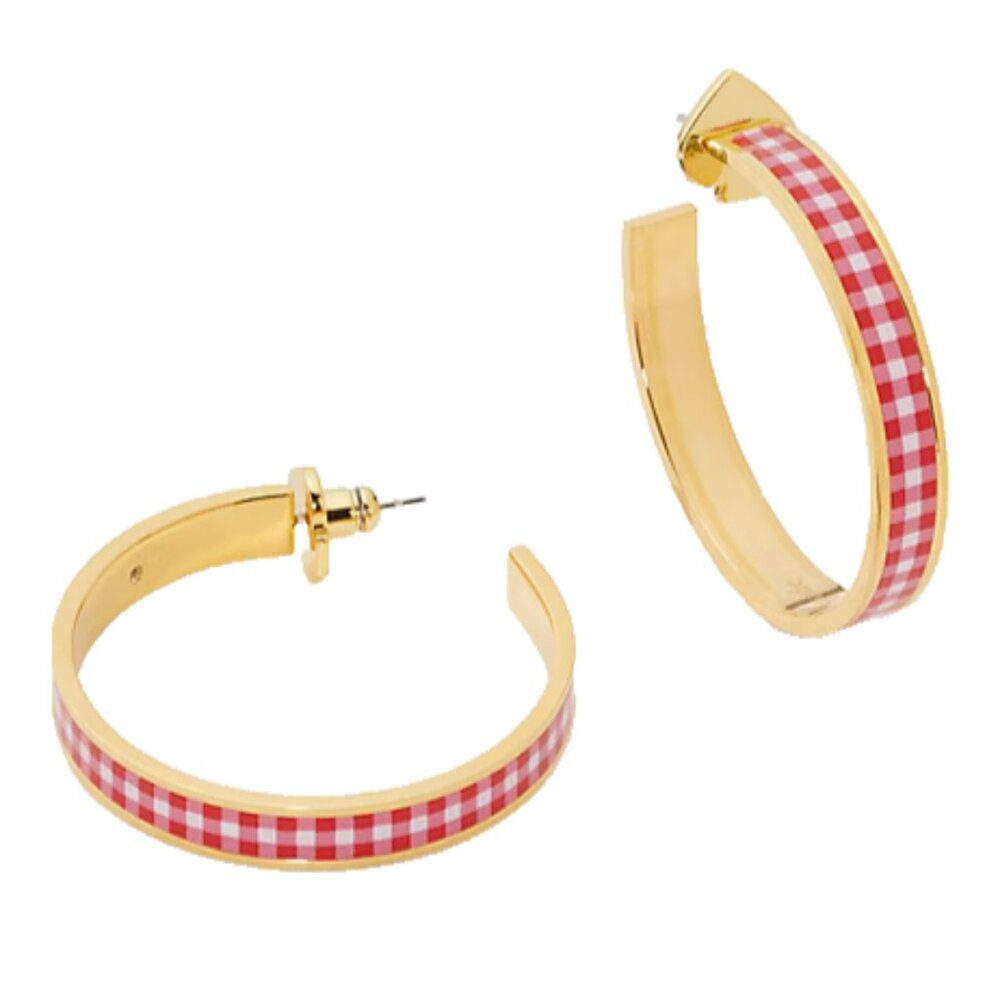 Kate Spade Heritage Spade Flower Hoops Lava Falls Gingham Hoop Earrings NEW Red